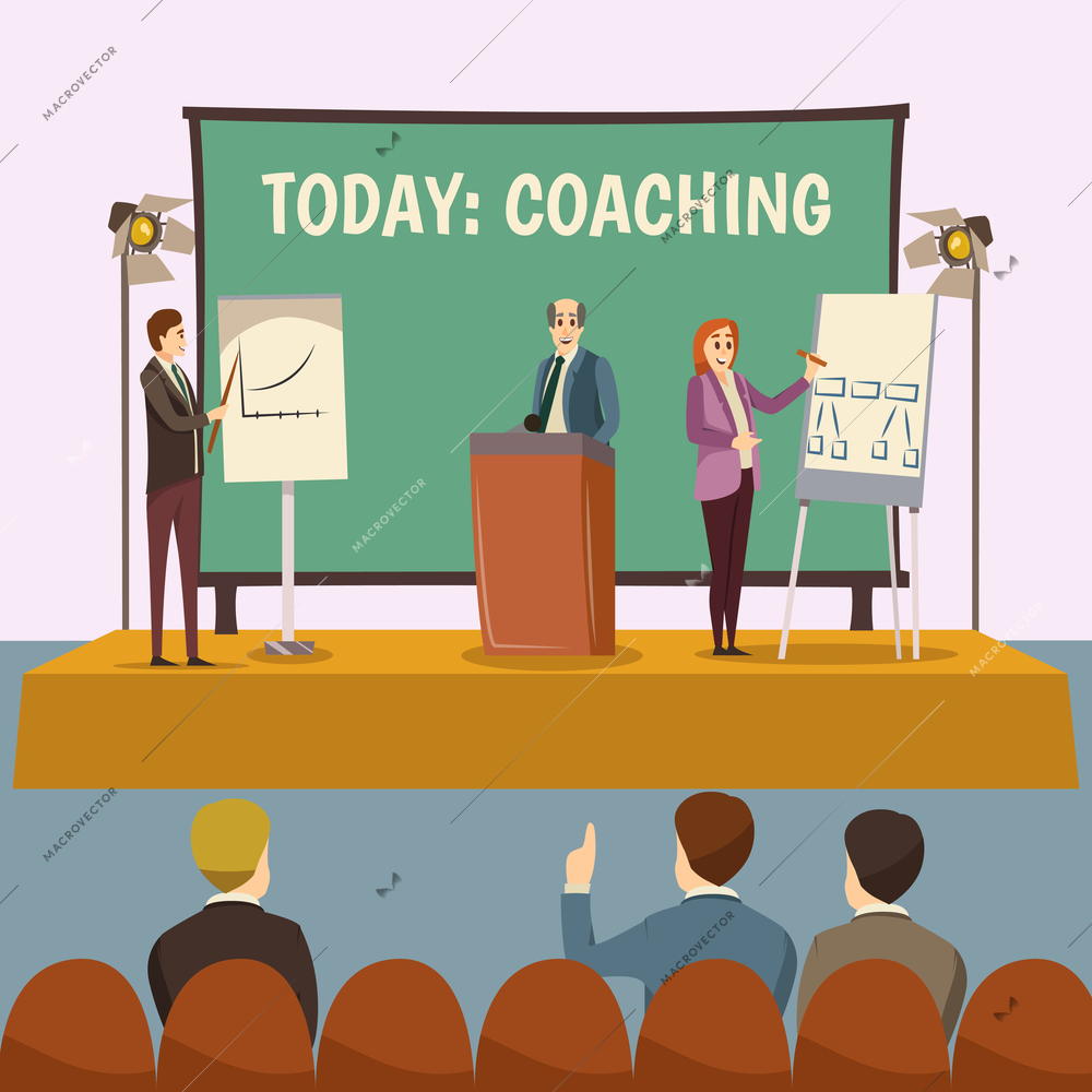 Coaching lecture with business training and conference symbols flat vector illustration