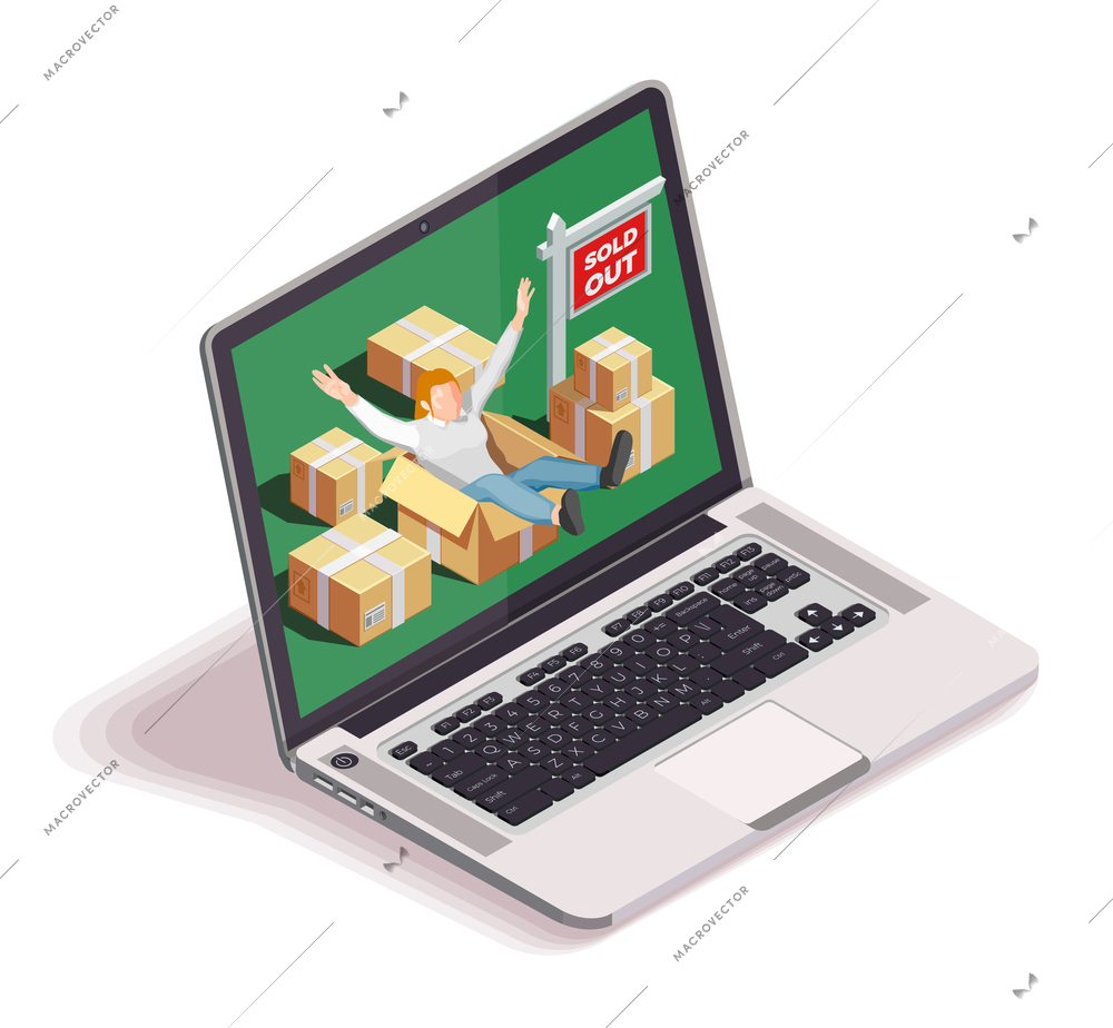 Moving people isometric concept with happy male human character and cardboard boxes on laptop computer screen vector illustration