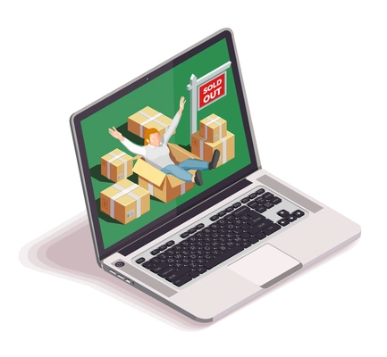 Moving people isometric concept with happy male human character and cardboard boxes on laptop computer screen vector illustration