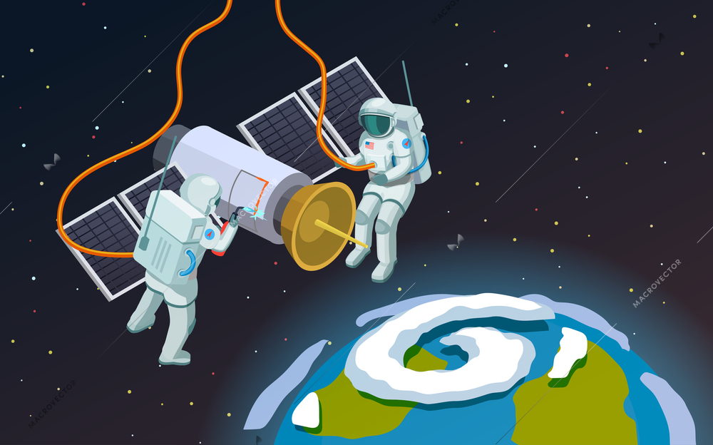 Astronauts in open space isometric composition with cartoon style terrestrial sphere and two spacemen in  armour vector illustration