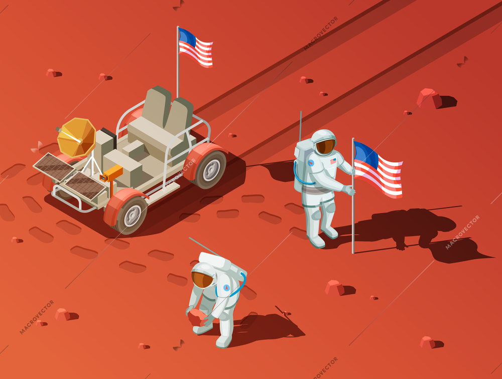 Astronauts space planet exploration isometric composition of extraterrestrial landscape with rover and two space voyagers planting flag vector illustration