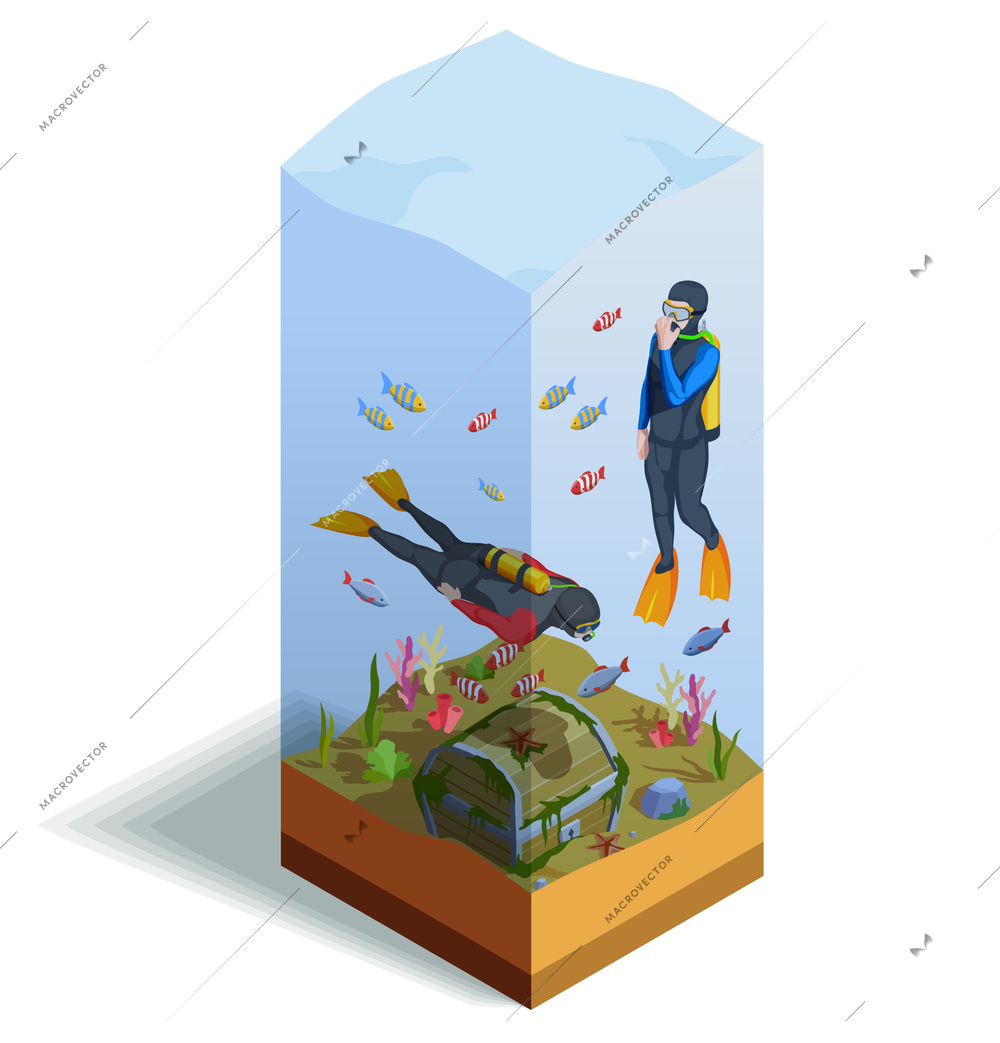 Scuba diving snorkelling isometric composition of two human characters in diving suits over the sea bottom vector illustration