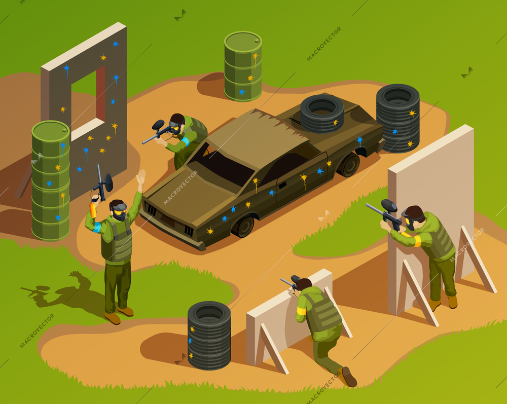 Paintball isometric composition with playground landscape fighter characters artificial barriers burned-out car and other debris vector illustration