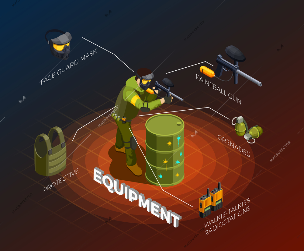 Paintball isometric composition of uniformed fighter character with gun and isolated elements of his ammunition vector illustration