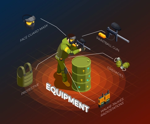 Paintball isometric composition of uniformed fighter character with gun and isolated elements of his ammunition vector illustration