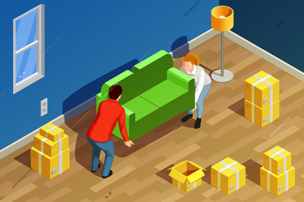 Moving people isometric composition with new residence room interior carton boxes and couple characters moving sofa vector illustration