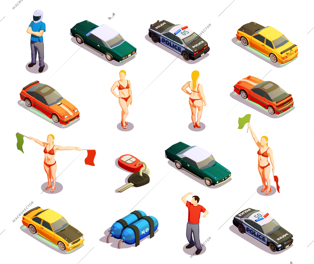 Street racing drift isometric icons set of isolated high-powered and police cars with human characters vector illustration