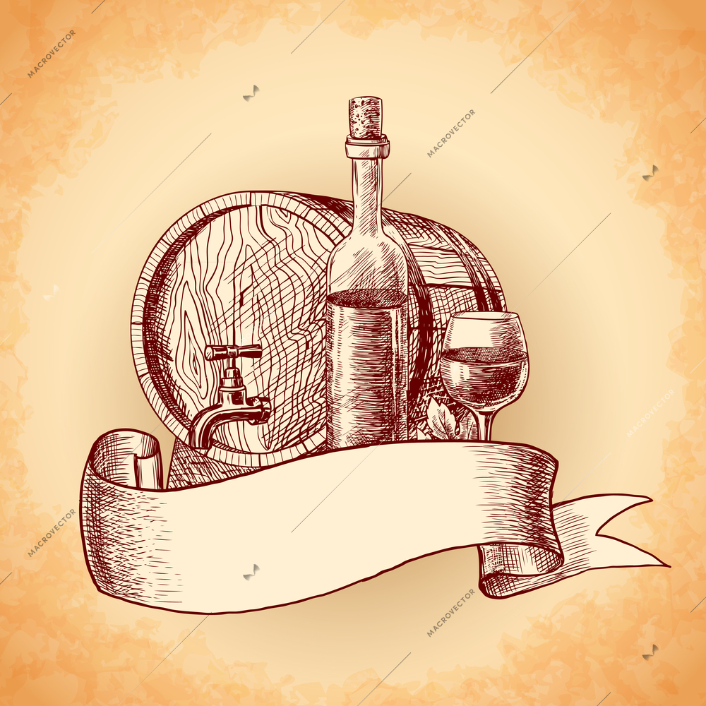 Wine vintage sketch decorative hand drawn background with barrel bottle and glass vector illustration.