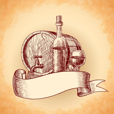 Wine vintage sketch decorative hand drawn background with barrel bottle and glass vector illustration.