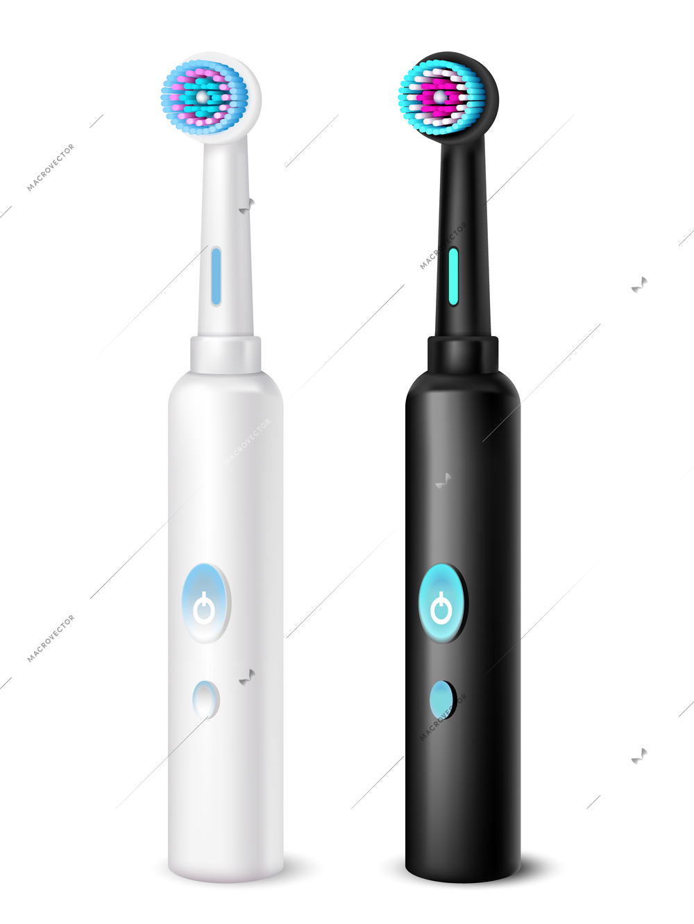 Black and white electric toothbrushes decorative icons set on white background in realistic style isolated vector illustration