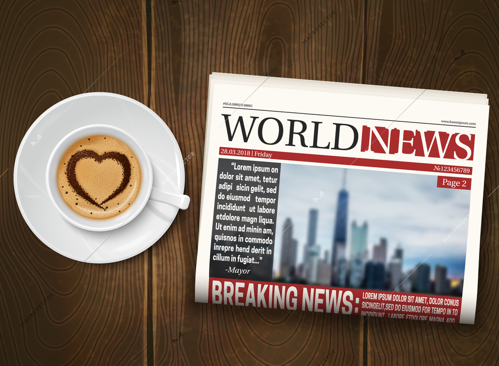 Morning world news realistic poster with cup coffee and folded newspaper on dark wood background vector illustration