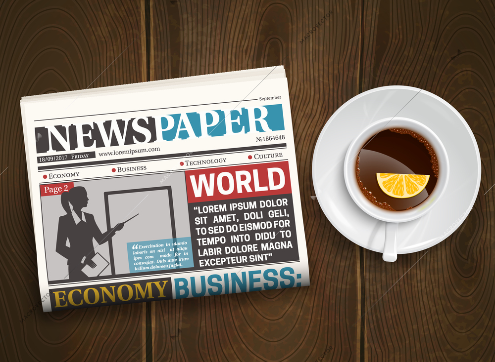 Morning world news realistic poster with black coffee with lemon and newspaper on wood background vector illustration