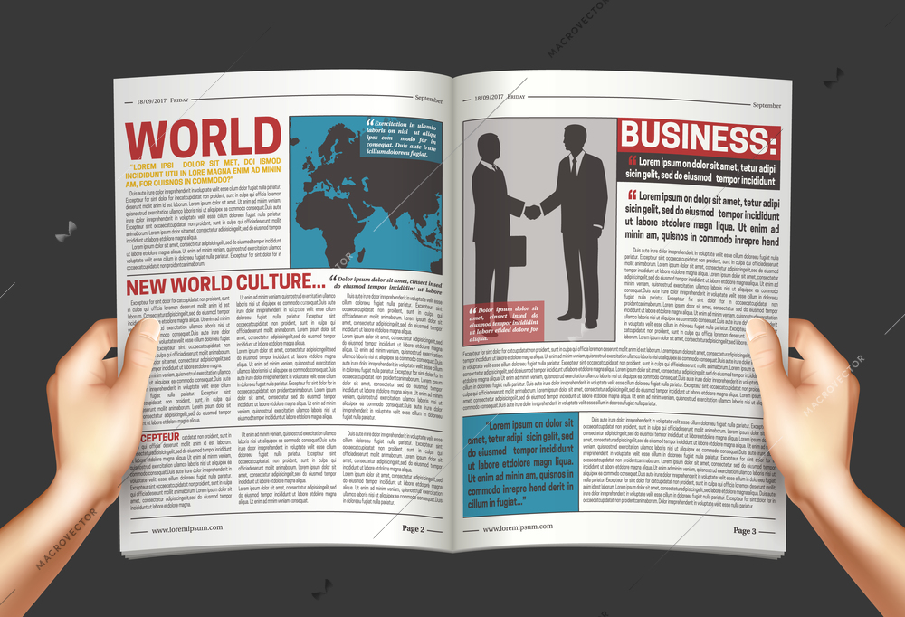 Reading world business news poster with hands holding open newspaper on dark graphite grey background vector illustration