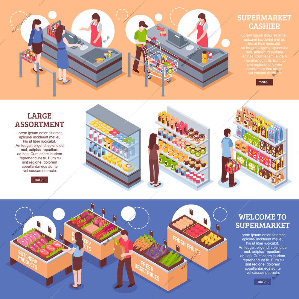 Supermarket horizontal banners set with cashier symbols isometric isolated vector illustration