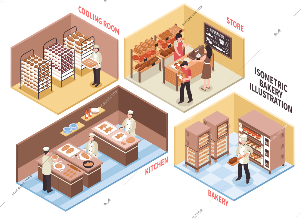 Bakery design concept with bread and confectionery symbols isometric isolated vector illustration