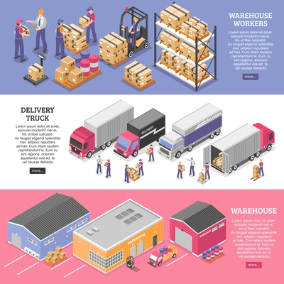 Logistics horizontal banners set with delivery symbols isometric isolated vector illustration