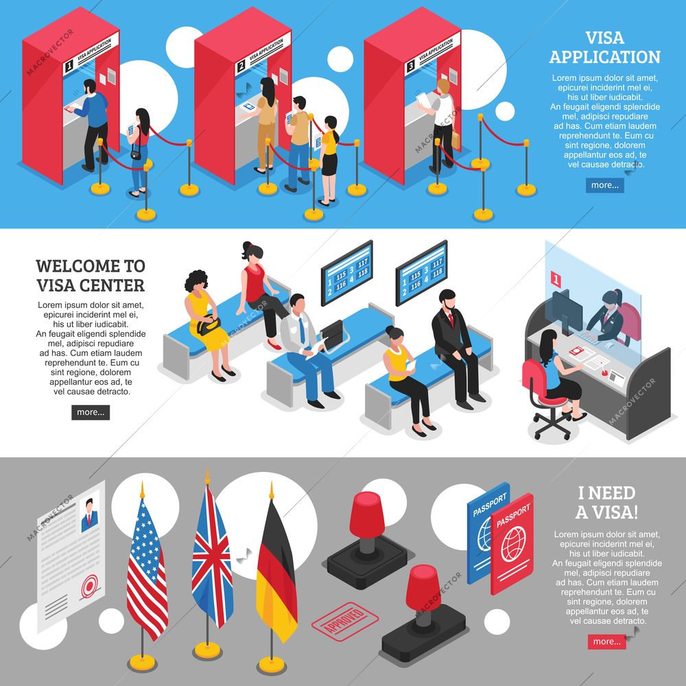 Visa center horizontal banners set with application symbols isometric isolated vector illustration