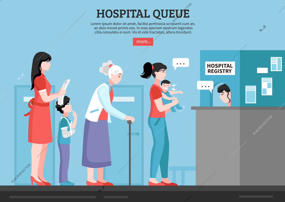 Hospital queue with people room and registry service flat vector illustration