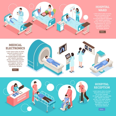 Hospital horizontal banners set with hospital ward symbols isometric isolated vector illustration