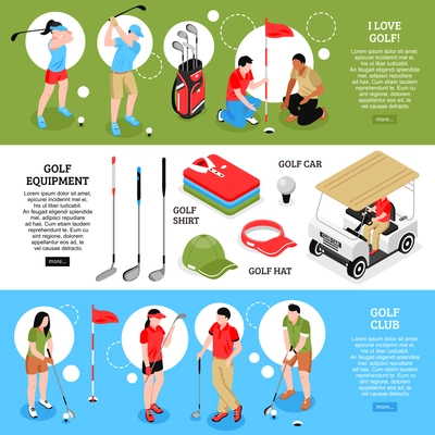 Golf isometric horizontal banners set with golf equipment symbols isolated vector illustration