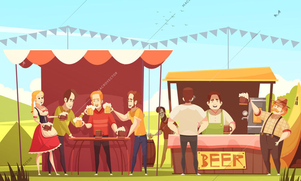 Oktoberfest vector illustration with girl in national costume carrying beer mugs and group of happy men drinking beer outdoors flat vector illustration