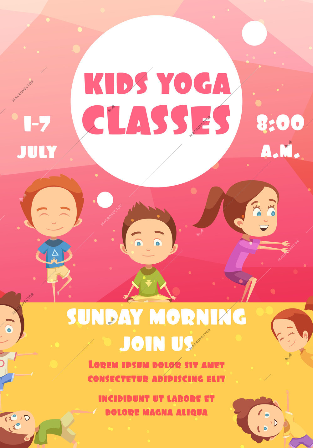 Kids yoga classes poster with advertising of training programs date and time flat vector illustration