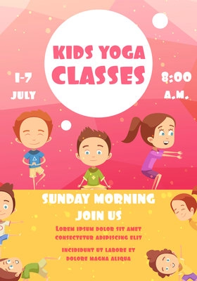 Kids yoga classes poster with advertising of training programs date and time flat vector illustration