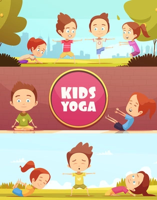 Kids yoga horizontal banners with cartoon images of children doing yoga exercises outdoors flat vector illustration