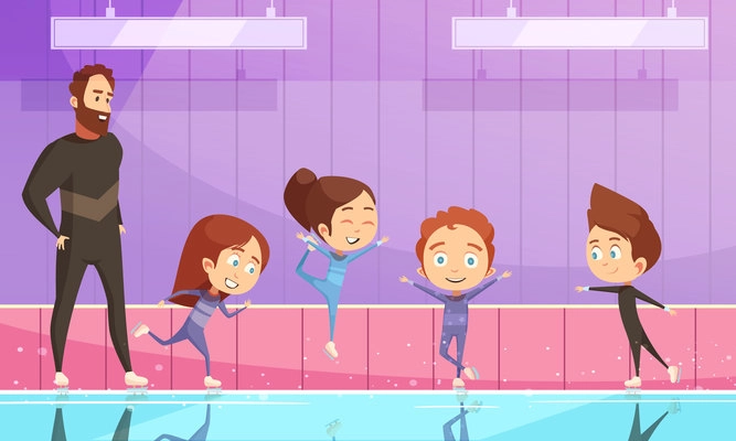 Kids sport flat vector illustration with cartoon characters training on stadium with their instructor at figure skating