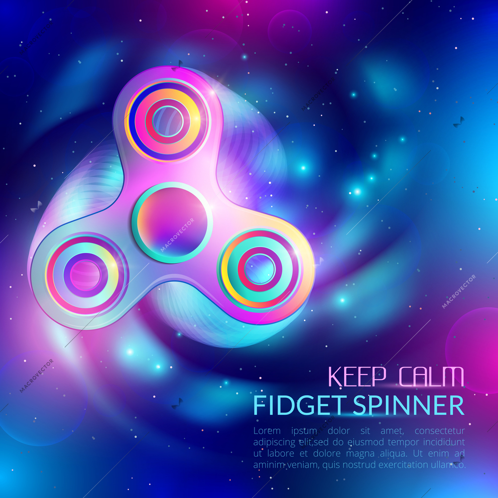 Colored abstract hand spinner toy composition with keep calm fidget spinner description vector illustration