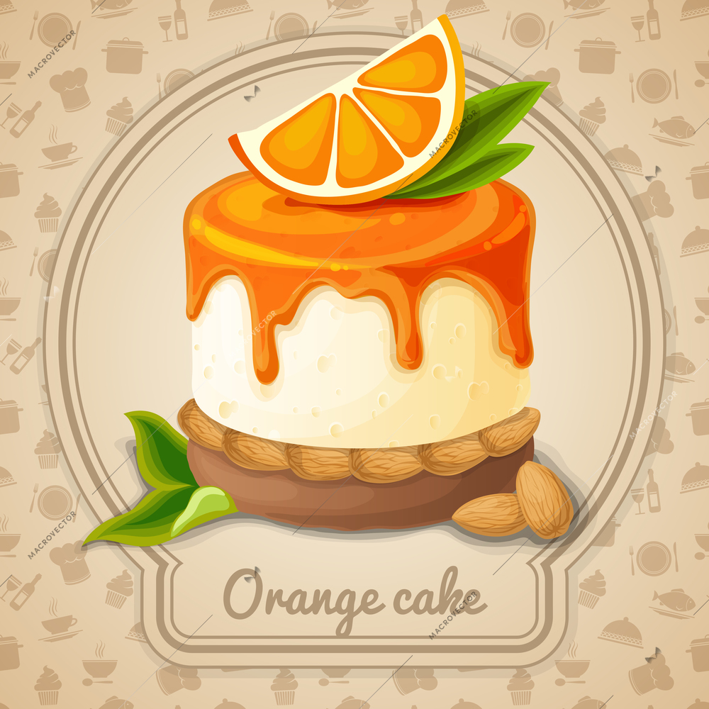 Orange cake dessert with syrup and almonds emblem and food cooking icons on background vector illustration