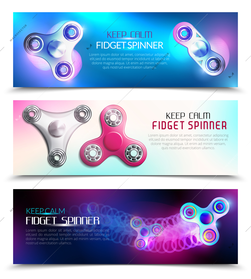 Three hand spinner toys horizontal banner set with keep calm fidget spinner headlines vector illustration