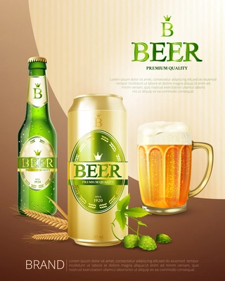 Colored beer metal can poster with beer from the same brand in different capacities vector illustration