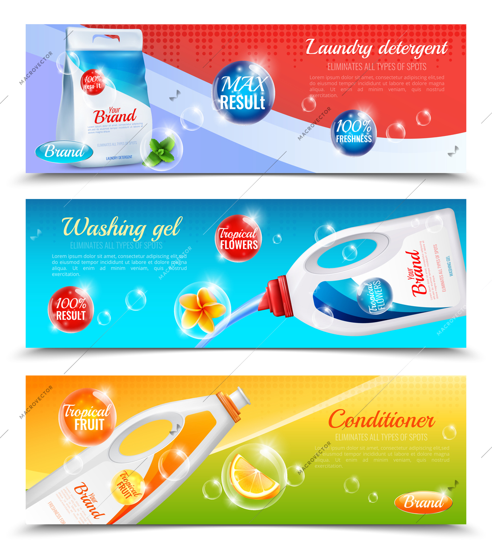 Three colored detergents clothes horizontal banner set with laundry detergent washing gel and conditioner descriptions vector illustration