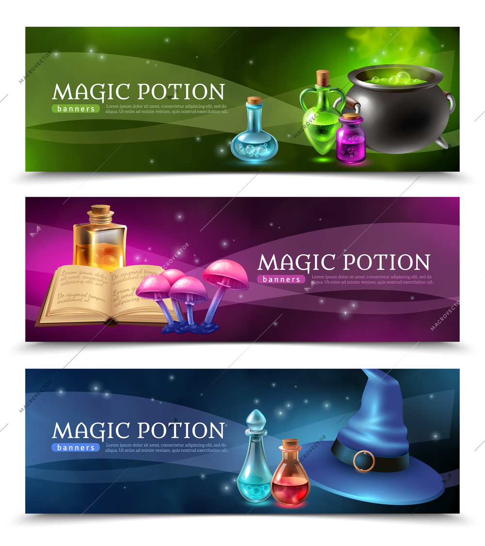 Horizontal realistic colorful banners set with mysterious magic potion and other witchcraft stuff isolated vector illustration