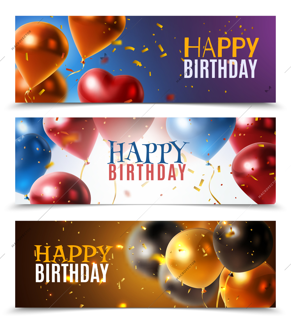 Happy birthday horizontal banners set with colorful glossy festive balloons realistic isolated vector illustration