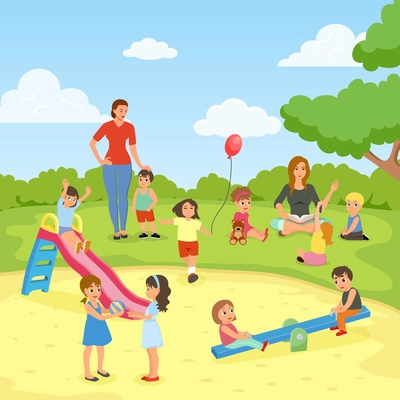 Babysitters with kids flat composition including lesson of reading at nature, games on playground, vector illustration