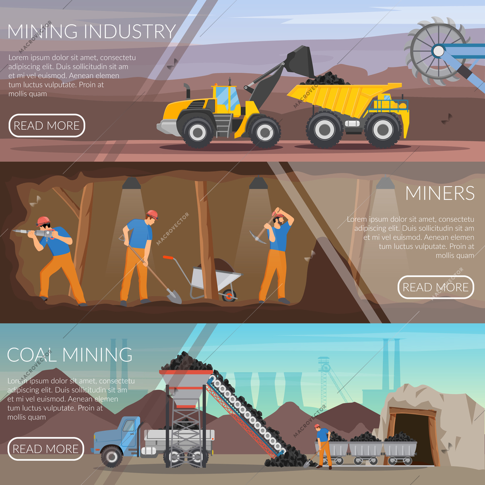 Set of flat horizontal banners with mining industry, workers with tools, coal extraction isolated vector illustration