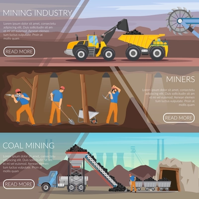 Set of flat horizontal banners with mining industry, workers with tools, coal extraction isolated vector illustration