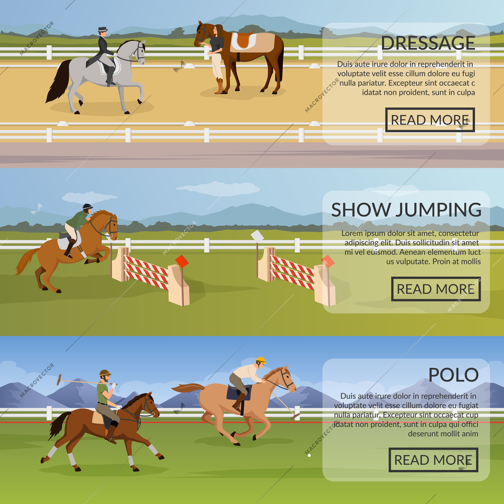 Equestrian sport set of flat horizontal banners with dressage, show jumping, polo on horses isolated vector illustration