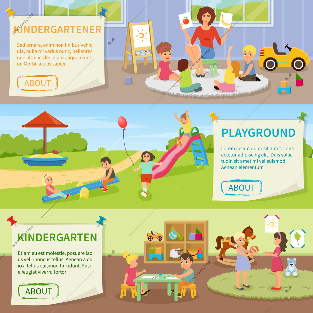 Set of flat horizontal banners with kindergarten including teacher with kids, fun on playground isolated vector illustration