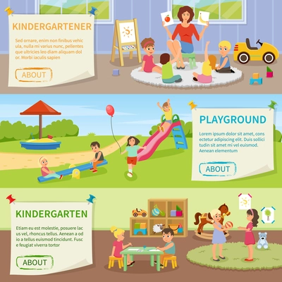 Set of flat horizontal banners with kindergarten including teacher with kids, fun on playground isolated vector illustration