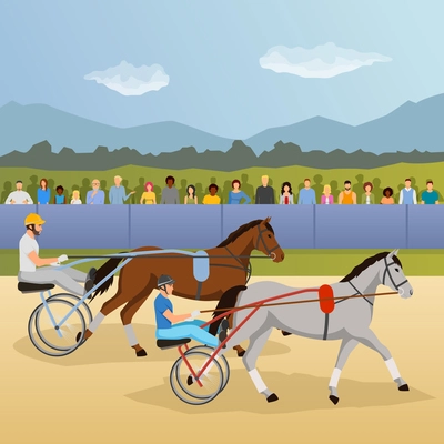 Harness racing flat composition with jockeys and horses, spectators behind fence on natural landscape background vector illustration