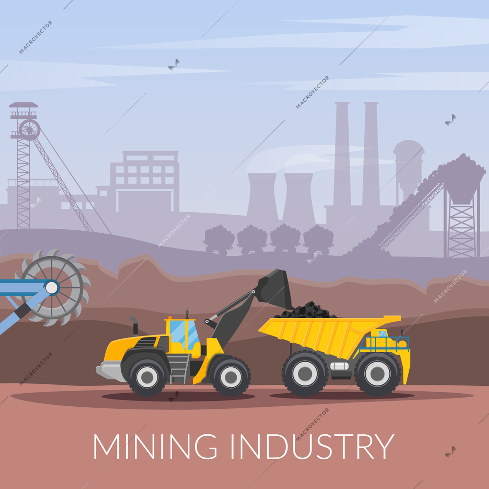 Mining industry flat composition with coal loading by excavator to truck on factory background vector illustration