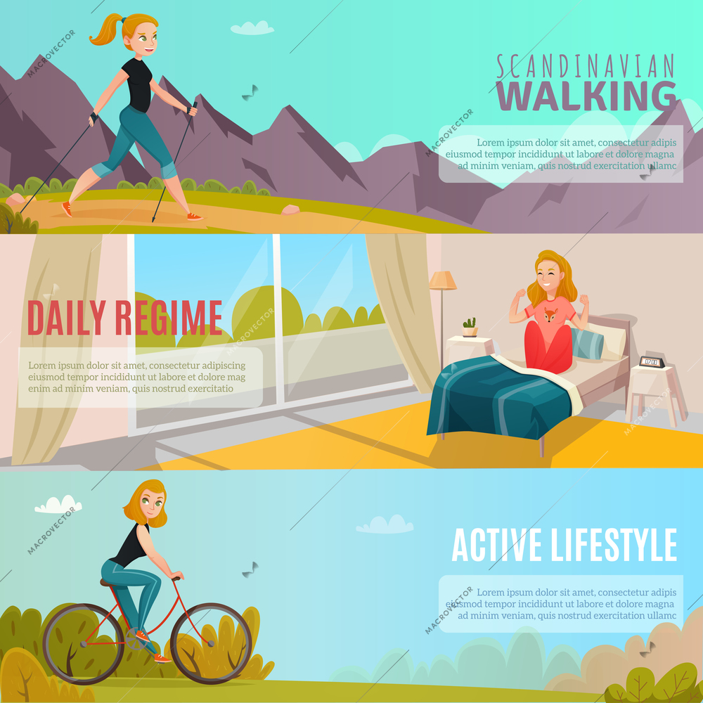 Cartoon set of horizontal banners with happy girls doing sports and leading healthy active lifestyle isolated vector illustration