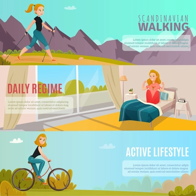 Cartoon set of horizontal banners with happy girls doing sports and leading healthy active lifestyle isolated vector illustration