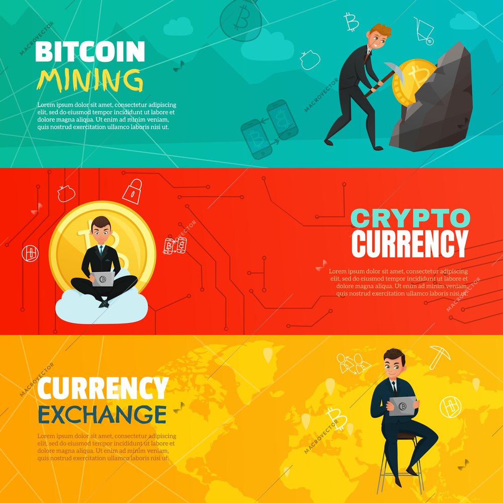 Bright cartoon set of three horizontal bitcoin mining and cryptocurrency banners isolated on colorful background vector illustration