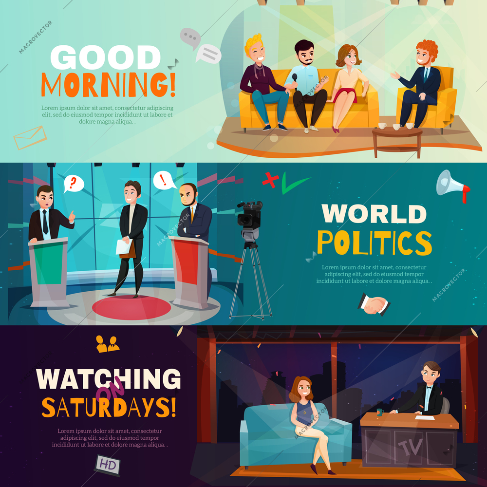 Cartoon set of three colorful horizontal banners presenting scenes from different talk shows isolated vector illustration