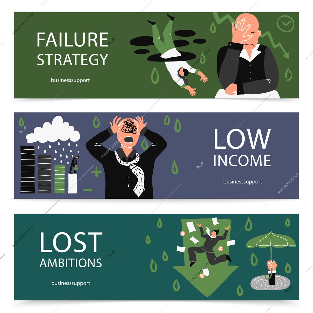 Three horizontal failure business banner set with failure strategy low income and lost ambitions descriptions vector illustration