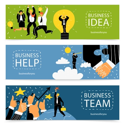 Three horizontal success business banner set with business idea help and team headlines vector illustration